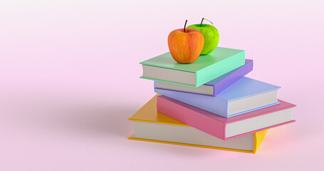 Green and red apple on different book stack. On pink background. Education and study back to school concept. Delicious round juicy fruit. 3d rendering illustration.