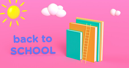 Sun, clouds, stairs, books, and back to school writing. On pink background. Study or education with nature concept. 3d rendering illustration.