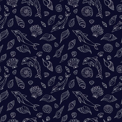 Seamless vector pattern with sketch of dolphins and sea shells. Sea seamless vector pattern. Decoration print for wrapping, wallpaper, fabric.
