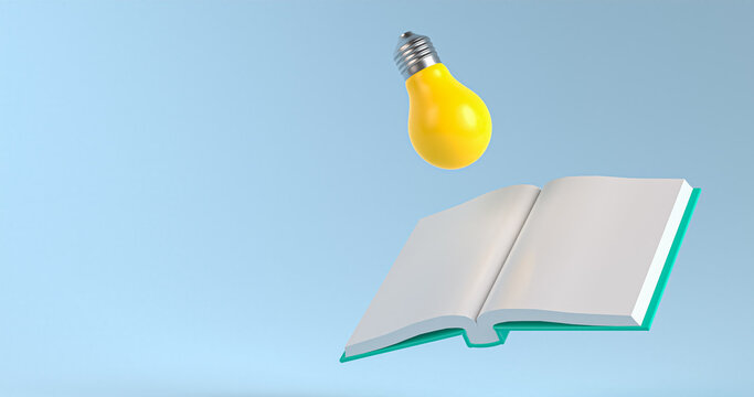 Clear floating books with, light bulb on top as symbol of ideas or invention on blue background. Studying, education, and e-learning concepts. Education day concept. 3d Rendering illustration. - Powered by Adobe