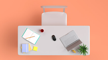 Laptop computer blank screen on white office desk table with red coffee cup and notebook, mouse, white flower pot and yellow alarm clock. On pink background. 3d rendering illustration.