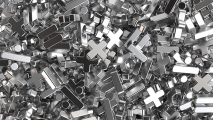 Sign of addition, subtraction, multiplication and division on texture background. Grey metal signs. Education or school concept. 3d rendering illustration.