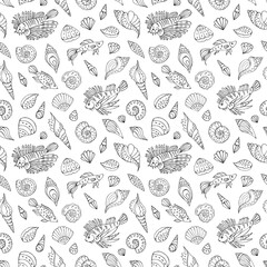 Seamless vector pattern with sketch of sea fish, and seashells. Sea seamless vector pattern. Decoration print for wrapping, wallpaper, fabric.	