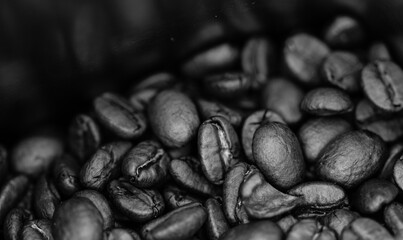 Black coffee cup, coffee beans. Breakfast coffee concept