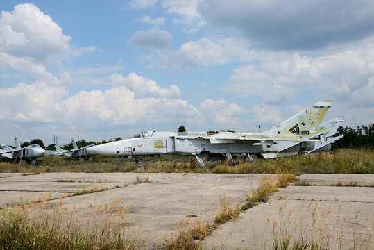 BILA TSERKVA, UKRAINE - AUGUST 25: The view on disassembled Ukrainian Sukhoi Su-24 supersonic all-weather attack aircraft on August 25, 2021 in Bila Tserkva, Ukraine.