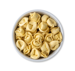 Uncooked cappelletti or tortellini on a bowl isolated over white background