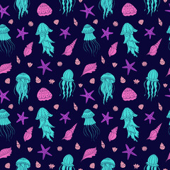 Seamless vector pattern with sketch of jellyfish and seashells. Sea seamless vector pattern. Decoration print for wrapping, wallpaper, fabric.	