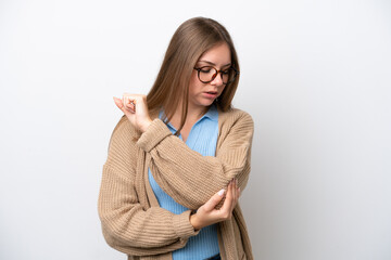 Obraz premium Young Lithuanian woman isolated on white background with pain in elbow