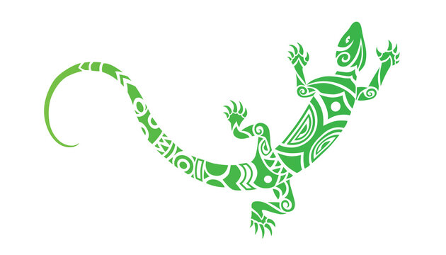 Lizard Maori style. Tattoo sketch or logo. Green on white background.