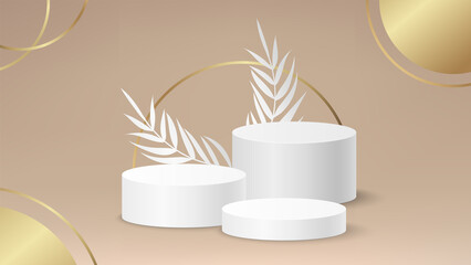 Luxury gold 3d background product display podium scene with leaf geometric platform. Stand to show cosmetic product. Realistic paper stage showcase on pedestal display beige backdrop.