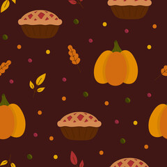 Thanksgiving seamless pattern with pumpkins and pie. Autumn hand drawn textile print. Vector cozy background.