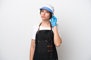 Fishmonger woman wearing an apron having doubts