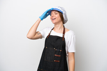 Fishmonger woman wearing an apron smiling a lot