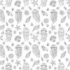 Seamless vector pattern with sketch of jellyfish and seashells. Sea seamless vector pattern. Decoration print for wrapping, wallpaper, fabric.  © Anna Sobol