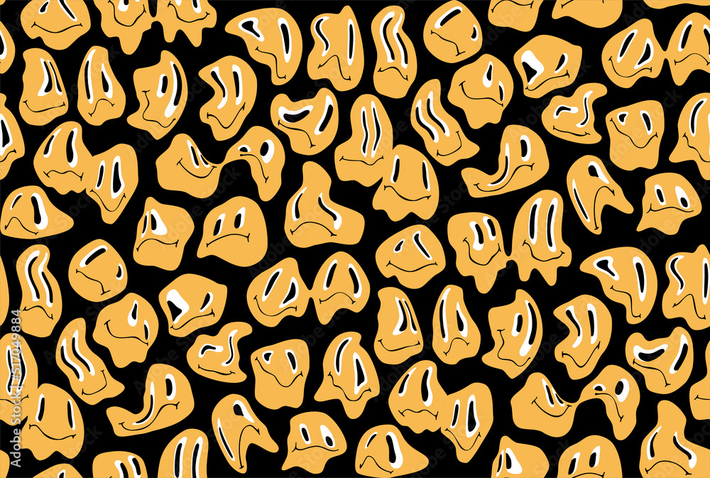 Poster trippy psychedelic seamless pattern with yellow distorted melting faces. trendy vector background in
