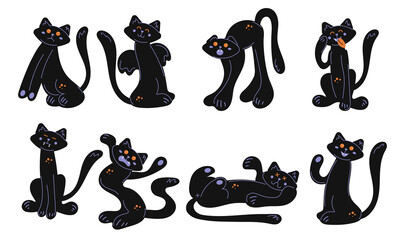 Set with Halloween cats. Eight cute black cats depicting different emotions. Great for stickers, t-shirt prints, decorative embellishments.