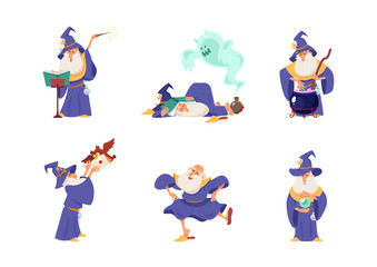 Set of funny wizards. Cartoon illustrations of an elderly bearded sorcerer isolated on a white background. Vector 10 EPS.