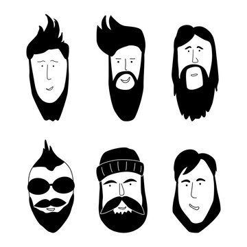 Set of stylish hipster men with different haircuts and beards. Silhouettes, emblems, badges, labels. Vector illustration in doodle style.