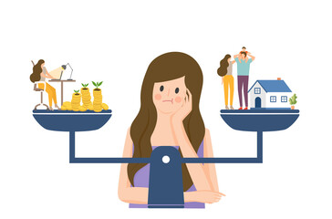 Fototapeta premium Business woman is thinking about work life balance vector, a woman’s working for lot of money vector, flat design of work life balance concept, time management concept vector design.