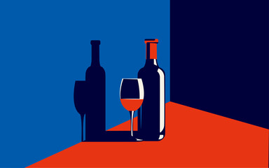 Vector illustration of a bottle of wine and a glass with red wine next to it in trendy colors in a minimal style.