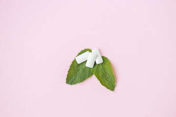 Mint green with leaves and chewing gum on pink background