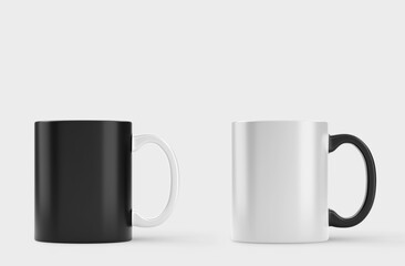3D illustration. Black and white mugs in white background
