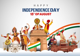 Happy Independence Day India 15th august. Indian monument and Landmark with background , poster, card, banner. vector illustration design