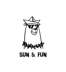 Vector card with hand drawn cute polar bear in sunglasses and floral Hawaii garland enjoying sun. Perfect design elements, animal illustration, ink drawing. Logo template