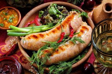 Kupaty with vegetables on a wooden background