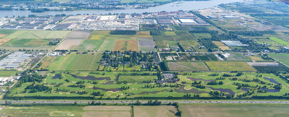 An aerial view of a golf courselocated about five miles for Vancouver International Airports, Brittish Columbia, Canada