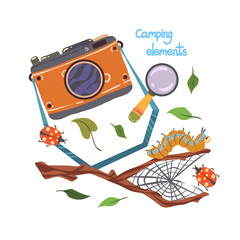 Summer camp. Vector illustration. Camping with camera, magnifying glass. Insects on branch. Postcards, stickers