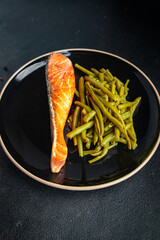 fried salmon and green beans fresh healthy meal food snack diet on the table copy space food background rustic top view keto or paleo diet veggie vegan or vegetarian food no meat pescatarian diet