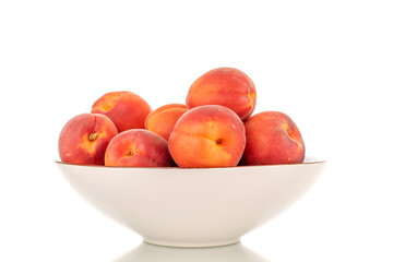 Several ripe red apricots on a white ceramic plate, close-up, isolated on a white background.