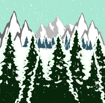 Winter mountain landscape. Mountains, snow, big pines. Blue landscape. Vector image © Марина Ризниченко