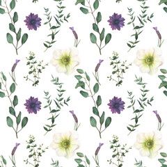 Seamless pattern of floral elements hand-drawn in watercolor.