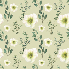 Seamless pattern of floral elements hand-drawn in watercolor.