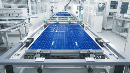 Solar Panel Production Process at Modern Bright Automated Factory. Shot of a Solar Panel on...