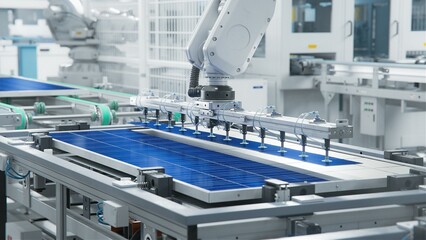 Solar Panel Production Process at Modern Bright Automated Factory. Robot Arm on Assembly Line is...