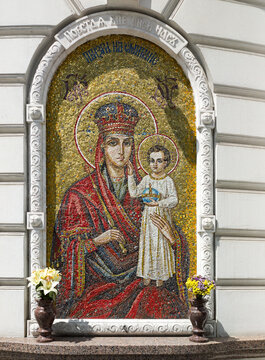 Madonna with child mosaic icon on Vvedensky Monastery facade in Kyiv Ukraine. 