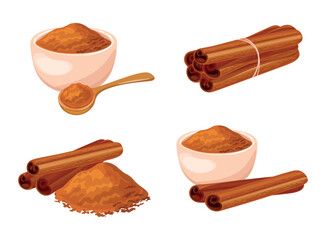 Set of fresh cinnamon in cartoon style. Vector illustration of cinnamon stick, powdered in bowl and plate on white background.