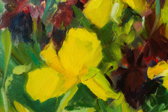 Irises yellow oil painting. Abstract artistic multicolored background. Close-up paint strokes on canvas. Conceptual cheerful picturesque background. Floral springtime background fragment of a painting
