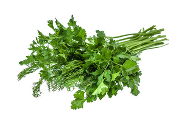 Fresh bunch of parsley and dill on white background