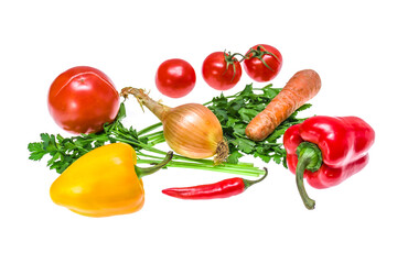 Set of fresh vegetables and herbs on white background