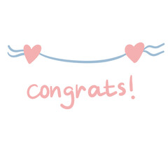 Cute vector garland with hearts and congratulations in pastel colors. Clipart for nursery, greeting card. Cartoon illustration isolated on a white background.