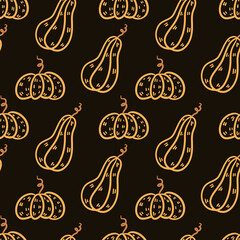 Vector seamless pattern with outline cartoon pumpkins on a black background. Print for textile, wrapping paper, wallpaper