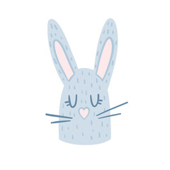 Obraz premium Cute vector blue rabbit. Clipart for nursery decor, print for clothes, sticker. Cartoon bunny animal illustration isolated on a white background.