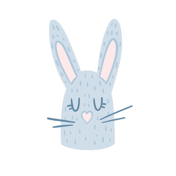 Cute vector blue rabbit. Clipart for nursery decor, print for clothes, sticker. Cartoon bunny animal illustration isolated on a white background.
