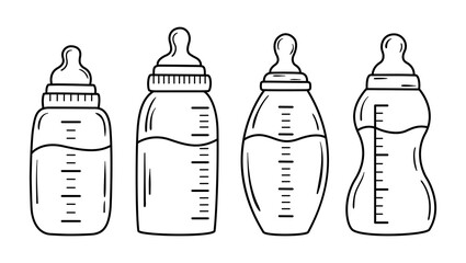 Feeding milk bottle collection in line art style. Doodle baby pacifier. Vector illustration.