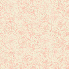 Pastel vintage seamless pattern with flowers. Beige endless wallpaper, background, texture, textile with floral print. Roses silhouettes in single continuous style. Hand drawn botanic ornament 