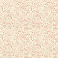Pastel vintage seamless pattern with flowers. Beige endless wallpaper, background, texture, textile with floral print. Roses silhouettes in single continuous style. Hand drawn botanic ornament 